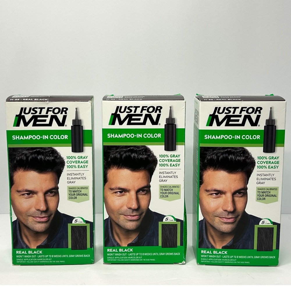 Just For Men Shampoo-In Color Real Black H-55 Hair Dye Lot of 3 Kits